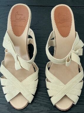 Christian Louboutin Cream Crisscross Bow Wedge Espadrilles